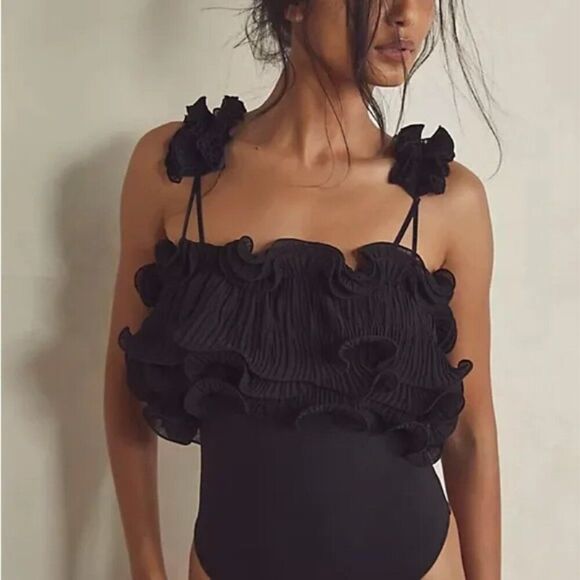 Joie Tops - JOIE Ruffle Strappy Black Bodysuit